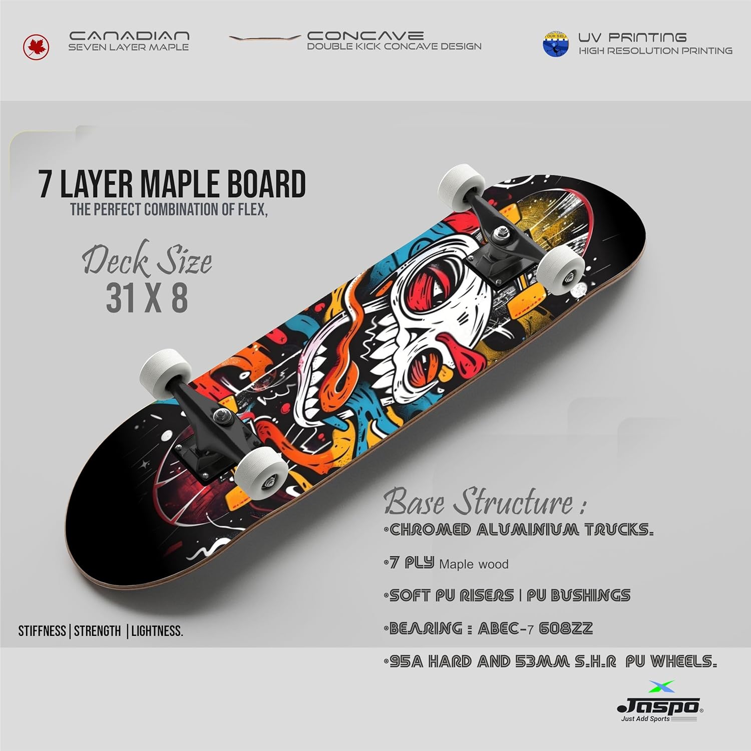 Jaspo Street King Skateboard for Adults & Kids - 7-Layer Canadian Maple Wood Deck, 31