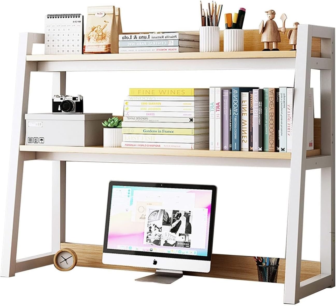 Multipurpose Countertop Hutch Bookshelf - Desktop Bookshelf Organization Rack, 2 Tier Adjustable Display Shelf Rack Organizer, Ladder Bookcase For Computer Desktop, For Home From Office ( Color : Whit