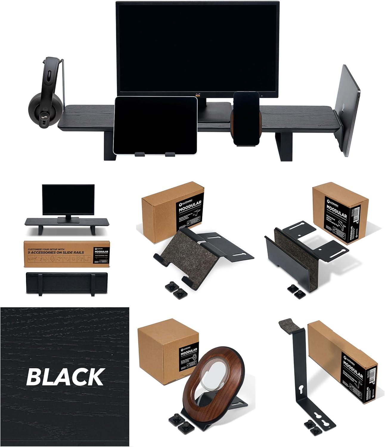 Moodular Wooden Monitor Stand Black with Add-on Accessories Vertical Laptop Tray, Phone Stand for MagSafe, Tablet Stand, Headphone Stand