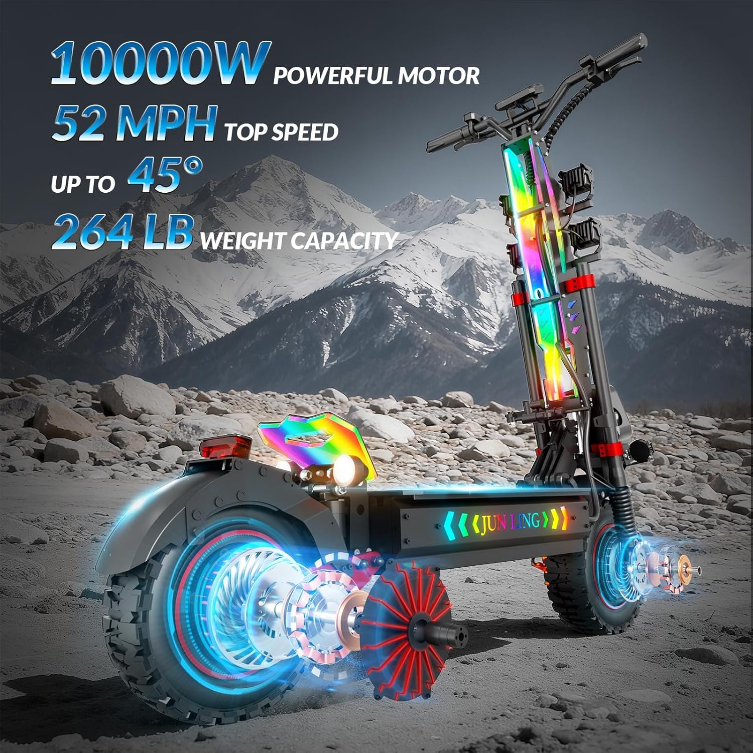 JUNLING Electric Scooter, 10000/5000/1000/900W Dual Motor, 55-31 Mph Top Speed, 75-30 Miles Max Range, 40AH/25AH/18AH/13AH Battery, Scooter for Adults with Dual Suspension Hydraulic Braking System