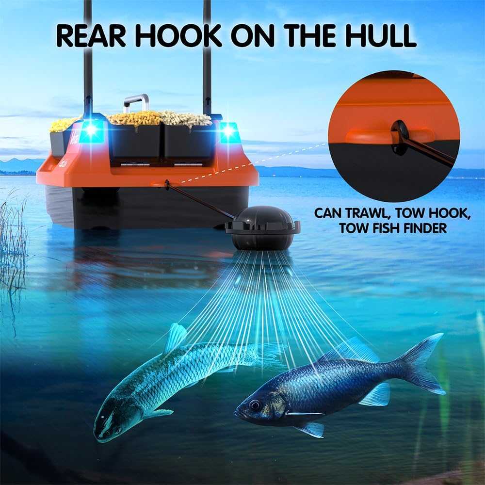4 Boxes RC Bait Boat & Fish Finder for Fishing with 6.6lbs Load Capacity, 18000mAh Battery & Dual Motor&Antena for 500M Range Bait Deployment, Fish Bait Boats with Stern Hook System for Fishing