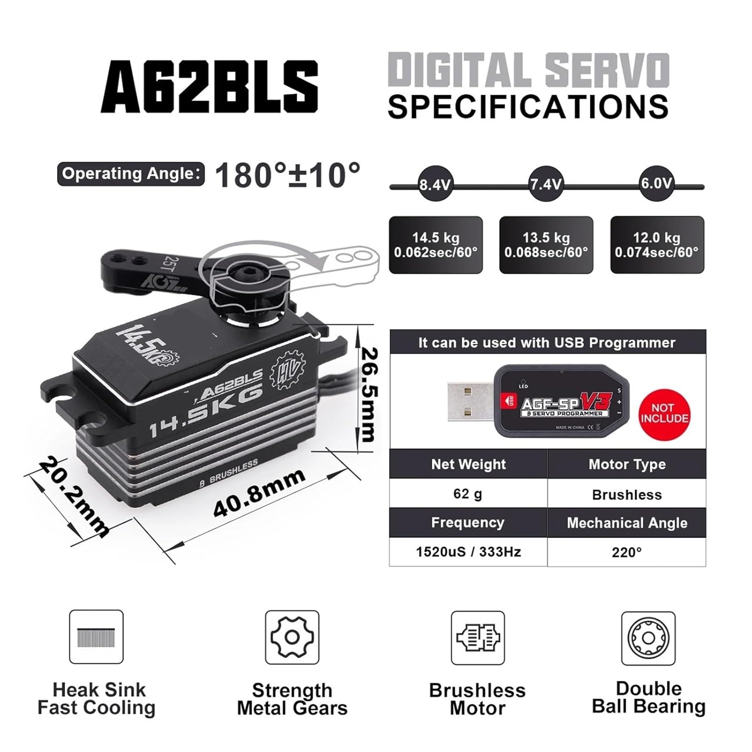 A62BLS 14.5KG Brushless Short Body Servo Digital Metal Housing Gear Motor Suitable for 1/8 1/10(A62BLS 14.4kg Set1)