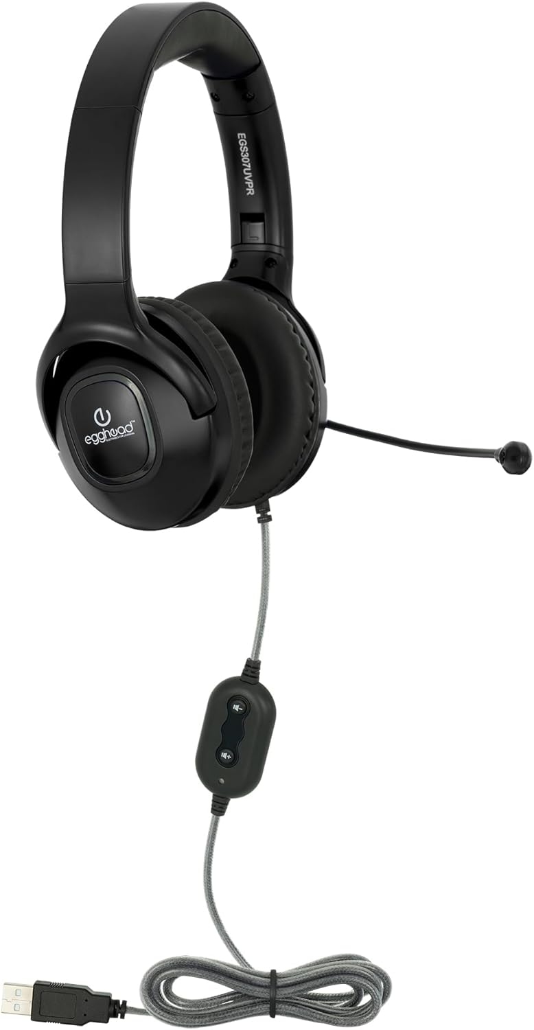Egghead® Premium Foldable USB Headset with Leatherette Cushions, Adjustable Headband, 360° Pivoting Microphone, and Resealable Storage Bag, Pack of 10