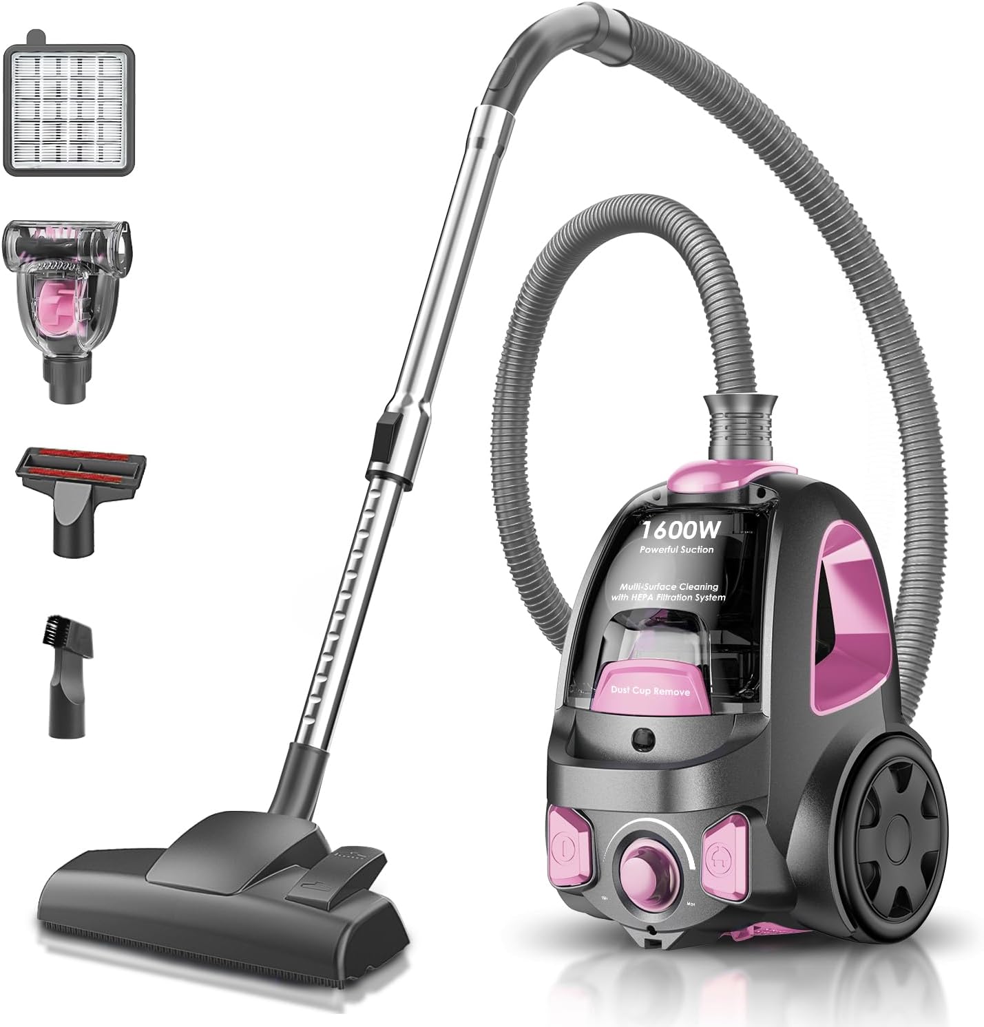 PKUYIE Canister Vacuum Cleaner, 32Kpa 1600W Bagless Vacuum Cleaner, Dust Full Indicator, H13 HEPA Filter, 3.7Qt Large Capacity, Lightweight Vac for Hard Floors, Carpet, Pet, Upholstery, Pink