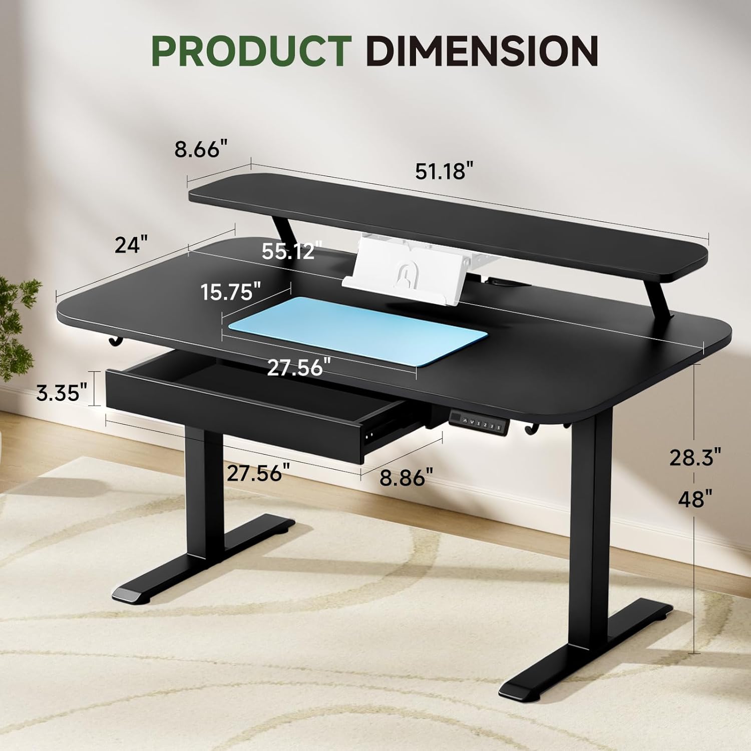 GTPLAYER Electric Standing Desk with Drawers, 55 x 24 Inches Height Adjustable Computer Desk with Monitor Stand, Laptop Stand, Sit Stand up Desk with Memory Preset for Home, Office, Black
