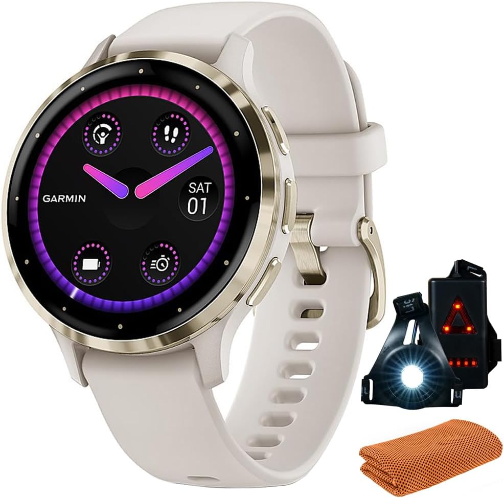 Garmin 010-02785-04 Venu 3S Health Fitness GPS Smartwatch Gold Steel Bezel with Ivory Case (41mm) | Official USA Partner Model | Bundle with Towel, Deco Essentials Commuter Front, Rear Safety Light