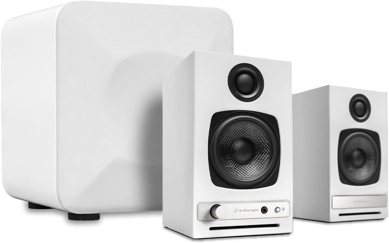 Audioengine A2 HD (HD3) White 60 Watt Pc Speakers for Desktop and S6 White Subwoofer for Music Gaming Movies Studios Dorms Bedrooms Offices