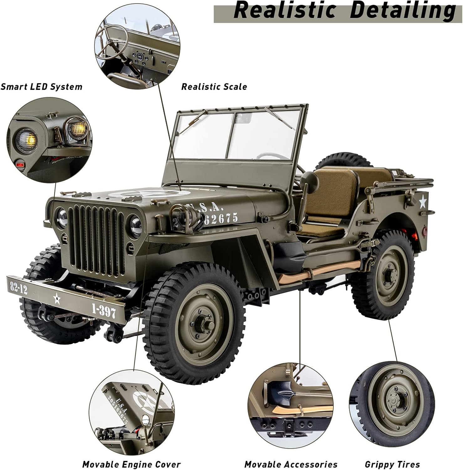 WOWRC RocHobby 1/12 1941 MB Scaler RC Jeep, 4x4 Hobby Grade RTR RC Car Mini RC Rock Crawler Military, 2.4Ghz RC Truck with LED Lights, Battery and USB Charger for Adults