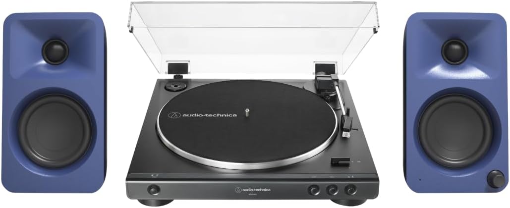 Kanto ORAME 100W Powered Reference Desktop Computer Speakers (Indigo) with 60X-BK Fully Automatic Belt-Drive Stereo Turntable - Bundle