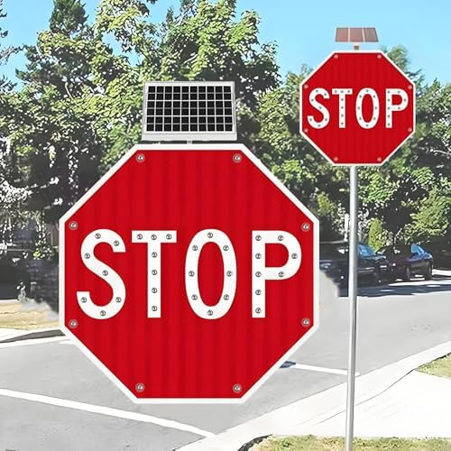 Solar LED Stop Sign - 32in Aluminum Octagonal Traffic Warning Sign, Solar-Powered Reflective Blinking Stop Signs, IP65 Waterproof for Enhanced Road Safety