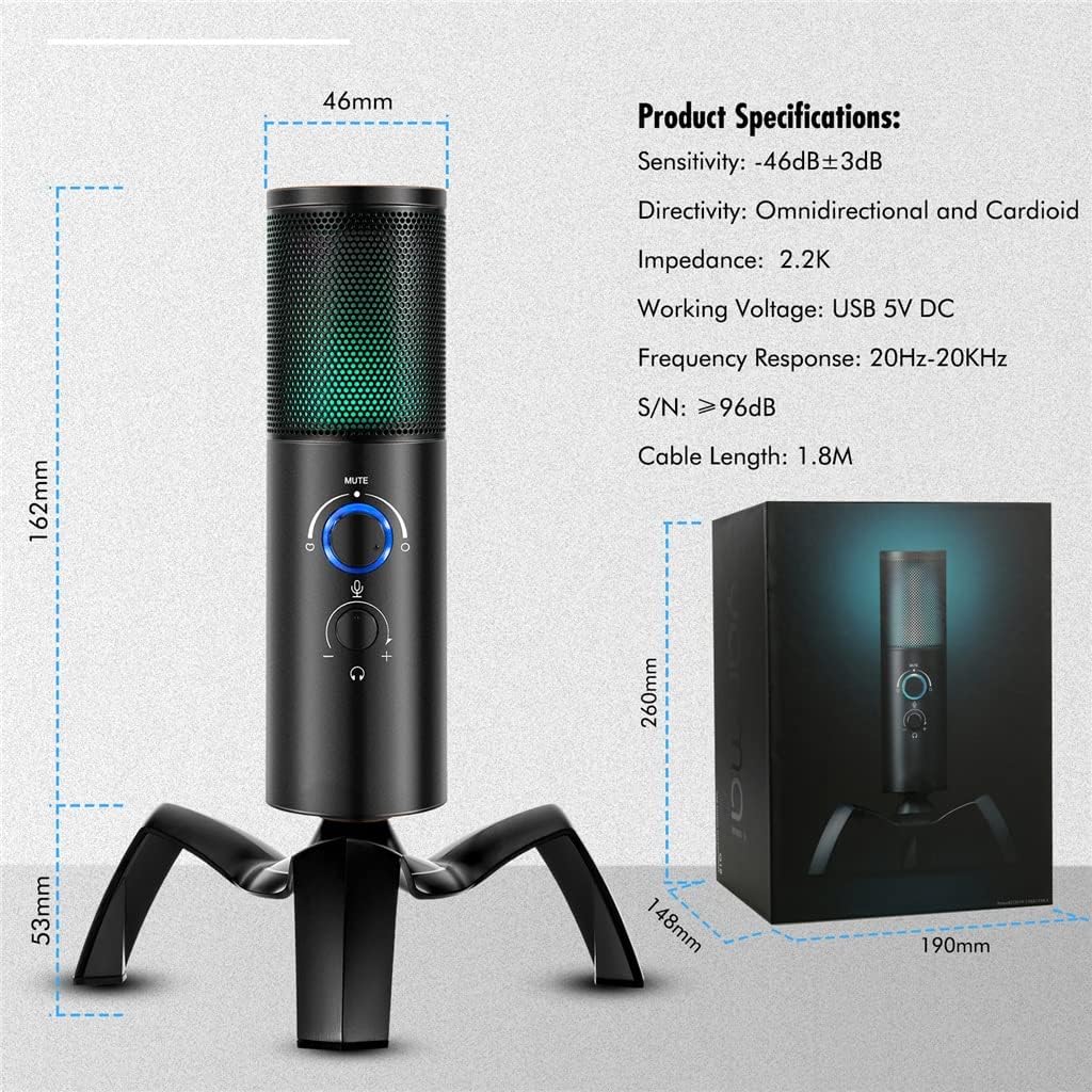 Professional Condenser Microphone Game Streaming Video Studio USB Microphone Computer Audio Tape RGB Light,
