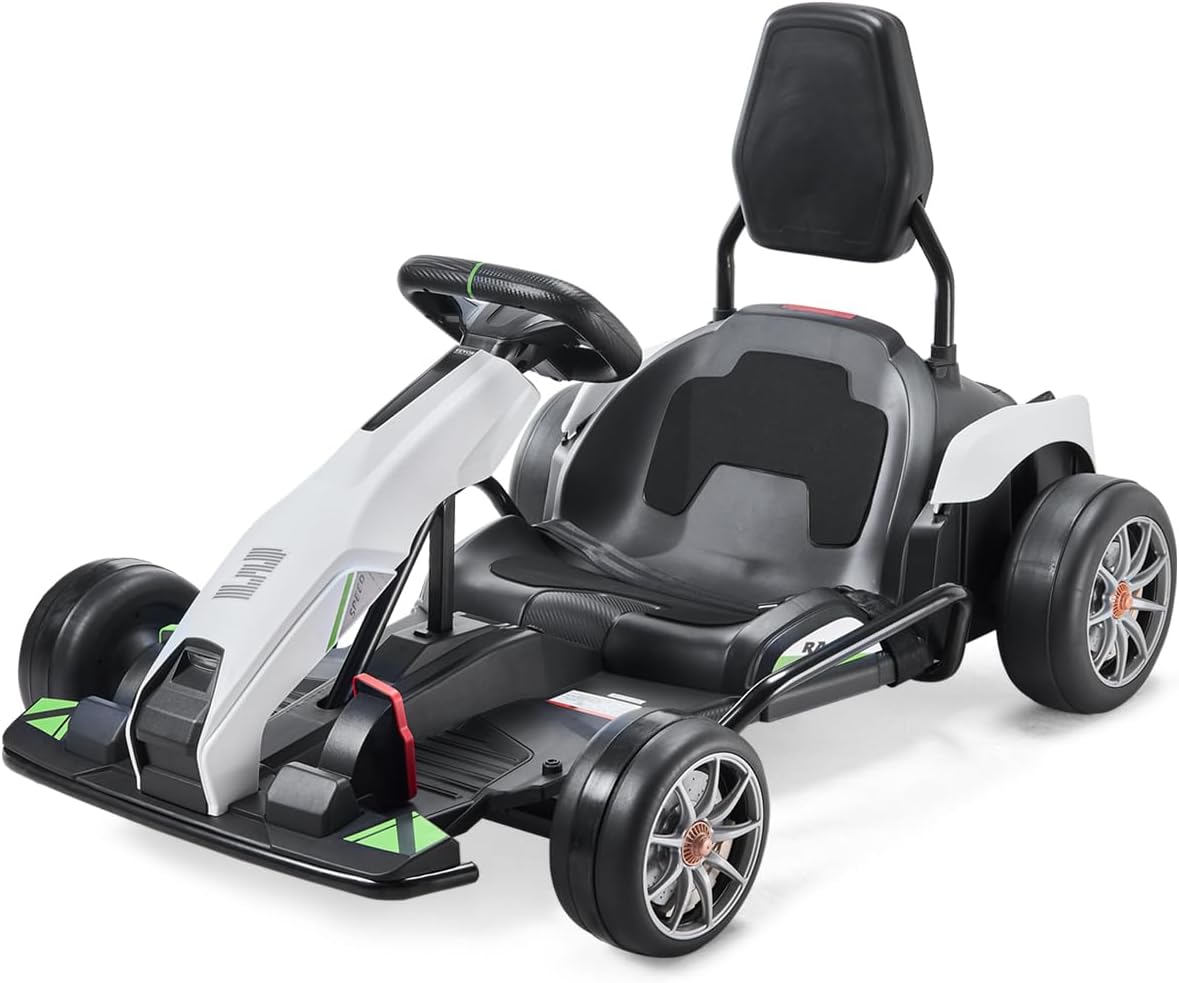 Happybuy Electric Go Kart, 24V 9Ah Battery-Powered, Portable Outdoor Race Toy for Kids Ages 6+, 200W Motor, 7.5 MPH High-Speed Drifting, Adjustable High/Low Speeds with Disc Brake, Black and White