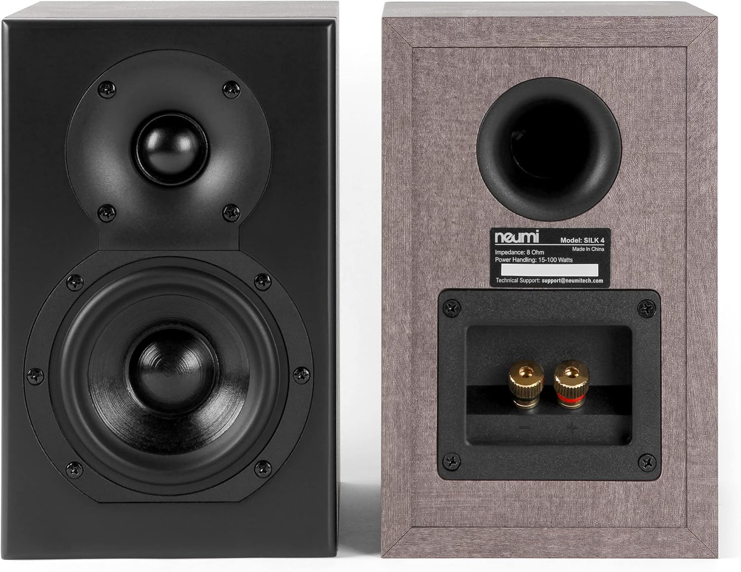 NEUMI Silk 4 Compact 2-Way Bookshelf Speakers, Stereo Pair, Home, Office, Theater Surround Sound, 4 Inch Woofer, 1 Inch Silk Dome Tweeter w/Waveguide, Rear Ported, Light Brown and Black
