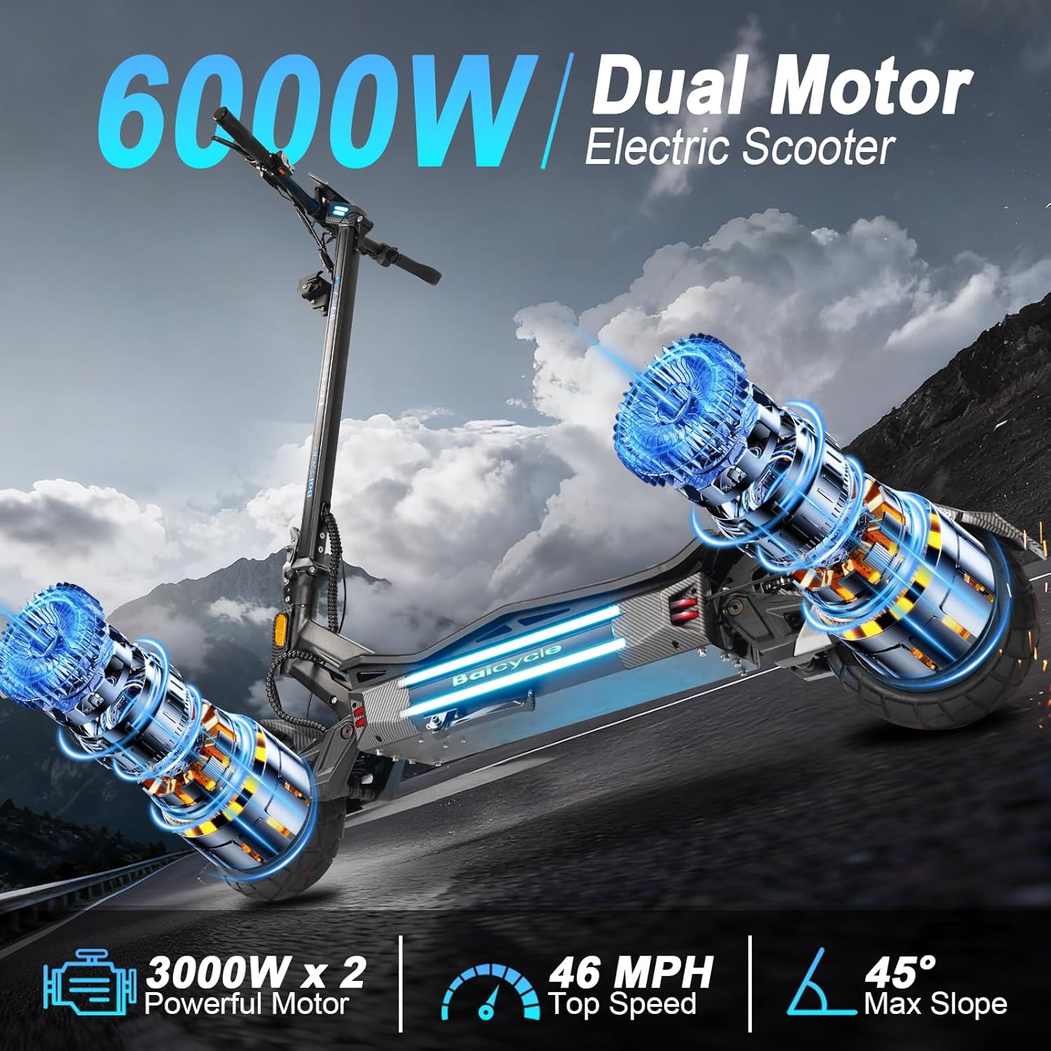 Electric Scooter with 6000W Torque Motor – UL Certified, 46MPH Top Speed, 50 Mile Long Range, 60V/30AH High-Capacity Battery, 10