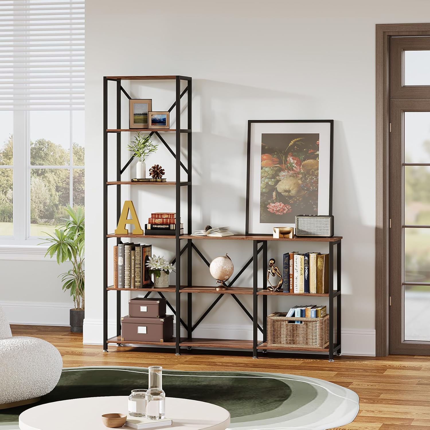 Tribesigns 5-Tier Ladder Staggered Bookshelf, Industrial Corner Bookcase with 9 Open Shelves, Modern Display Rack Storage Shelf for Home & Office