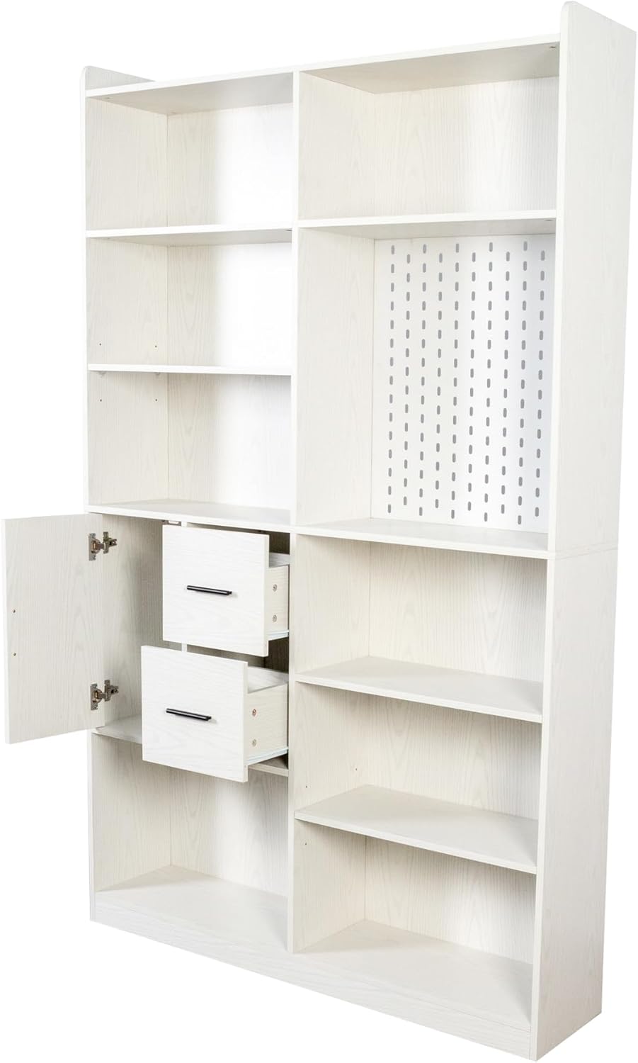 WZONICE98 Contemporary Bookcase with Pegboard and 3 Drawers 9-Cube White Storage Cabinet Office Bookshelf Cabinet Modern Bookshelf with Storage for Living Room Office Kitchen Pantry and CD Collection