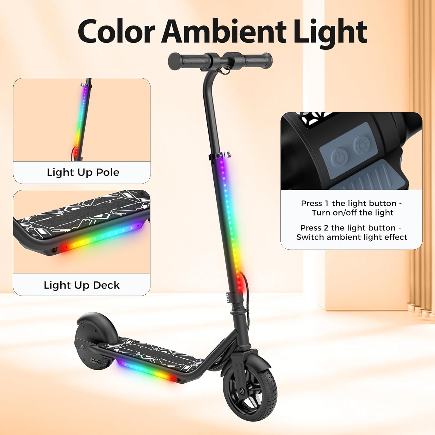 Electric Scooter for Kids, 10MPH Max Speed, 150W Motor, 3 Speeds Adjustable, LED Display, Double Brake, Magnetic Charging, Pedal Light, Kids Electric Scooter for Aged 6-12, Gifts for Boys & Girls
