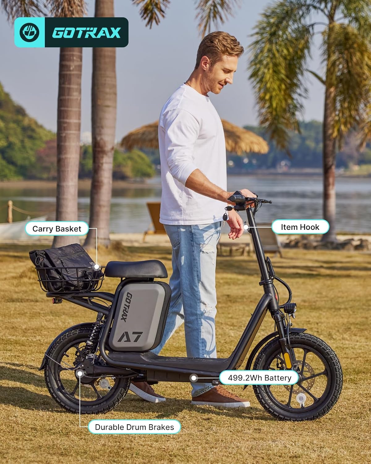 Gotrax Adult Electric Scooter with Seat, Max 19-25miles Range, 15.5-20mph Power by 350W-500W Motor, All-Terrain Tire & Wider Deck & Soft Cushioning Seat with Carry Basket