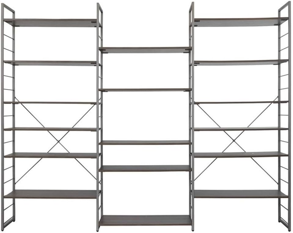 Unique Furniture Modern ‎Freestanding Bookcases in Wood and Steel with Durable Non-Scratch Shelves, Levelling Feet, for Office, Library, Study Room, Living Room, 16 x 98 x 65 in., Brown