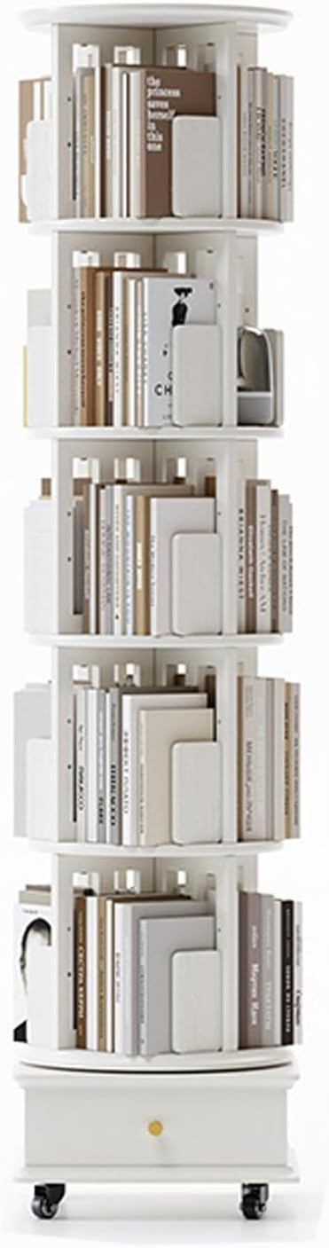 Rotating Bookshelf Tower with Wheels and Drawers,360 Rotating Bookshelf Wooden Bookcase,4/5/6 Tier Floor Standing Shelf Storage Rack Spinning Bookshelf for Bedroom,Living Room, Office,Study Room.(Whit