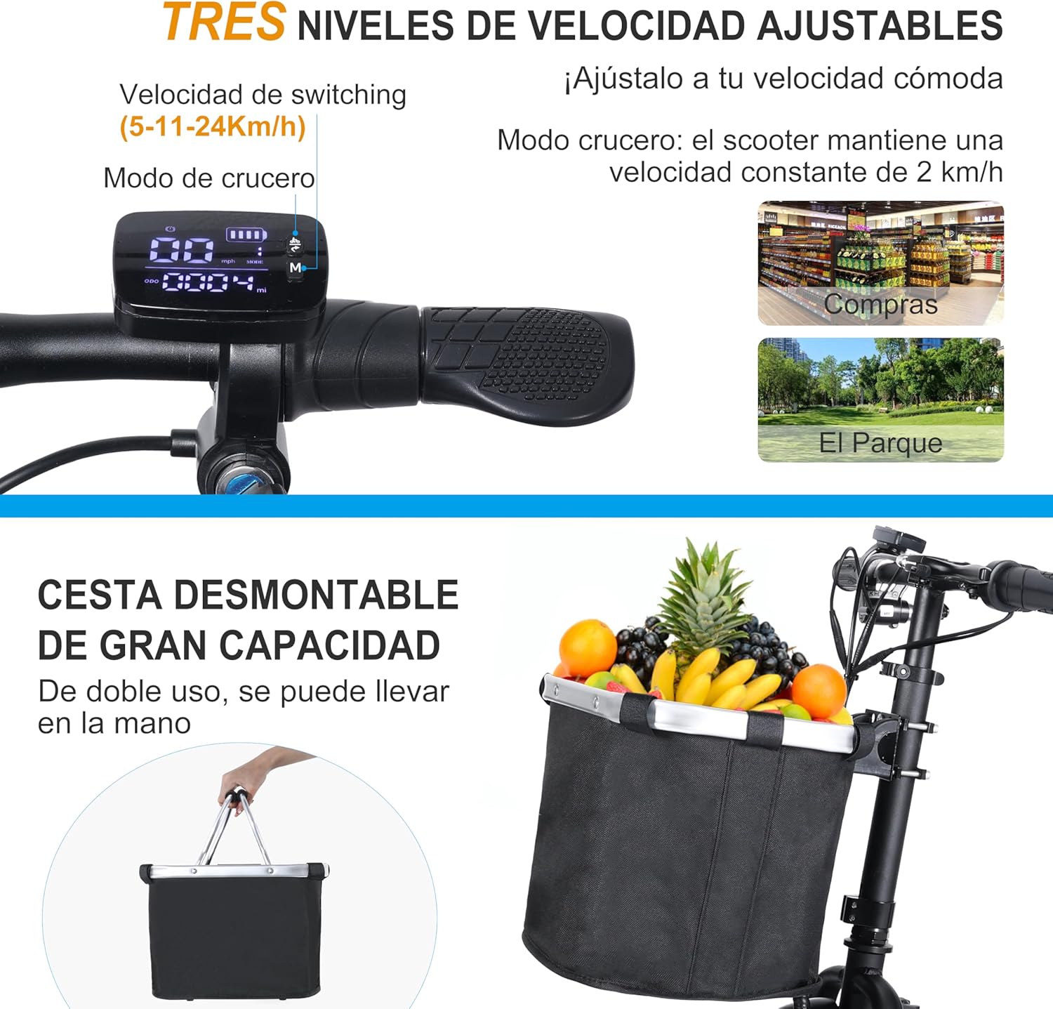 TopMate ES11 3 Wheel Electric Scooter Lightweight Folding Dual Motor Powered Mobility Scooter for Adult Seniors with Ergonomic Seat and Removable Battery, 3+1 Speed, E-Trike with Basket - Black