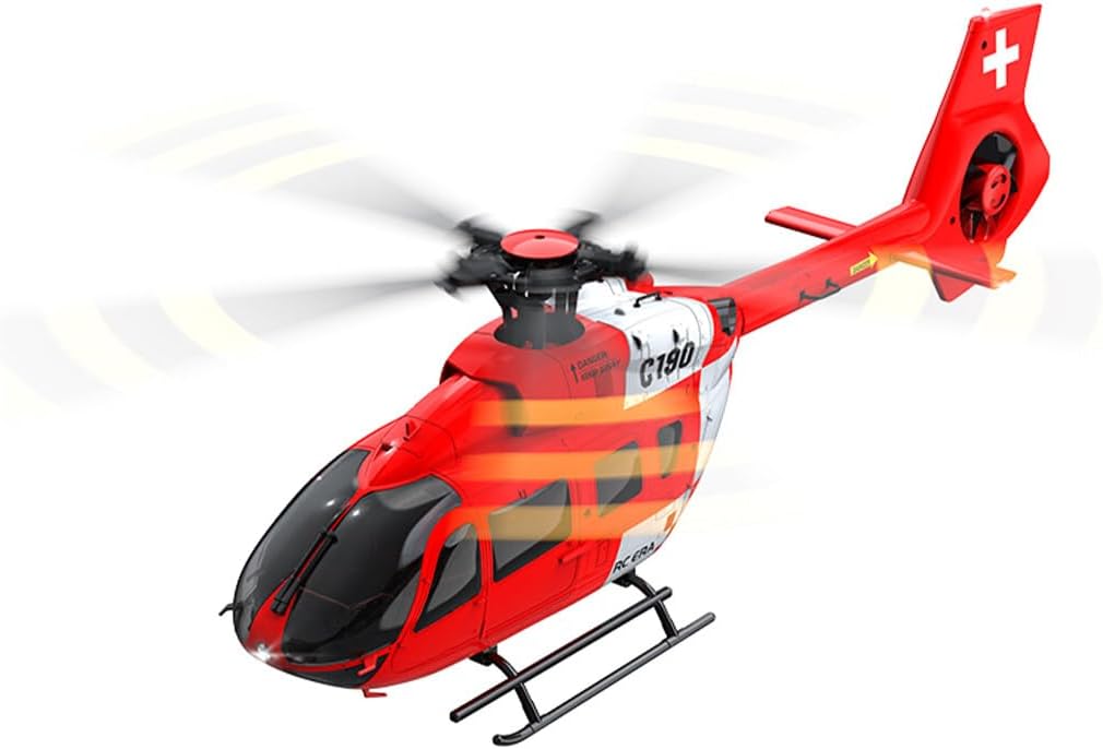 H145 C190 1/30 Scale Remote Control Helicopter for Adults Beginners, 6CH 2.4G H145 6-Axis Gyro 6G RC Helicopter single Rotor No Ailerons Altitude Hover/Optical Flow Positioning - Red White/4 Battery