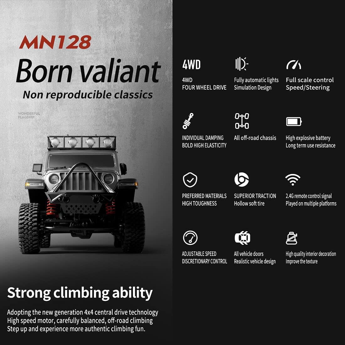 MN-128 RC Cars Jeep 1/12 RC Crawler 2.4G RC Jeep RC Rock Crawler RC Truck 4x4 RC Car Vehicle Model (RTR Version/Grey)