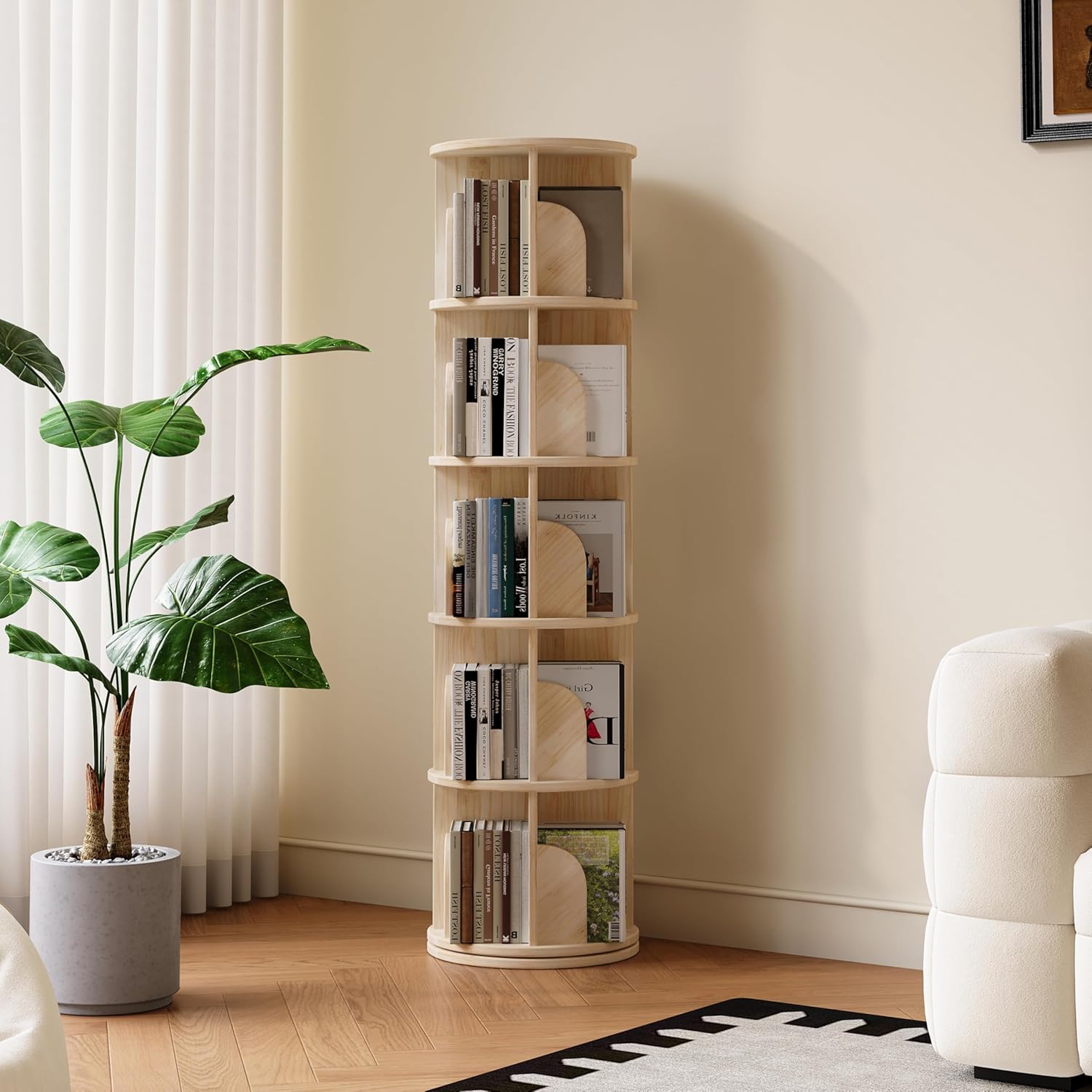 Lonkwa 5-Tier Rotating Bookshelf 360°, Wood Book Shelf for Small Spaces, Corner Bookshelf with Storage - Natural Wood Bookcase & Bookshelf for Bedroom, Living Room, Office