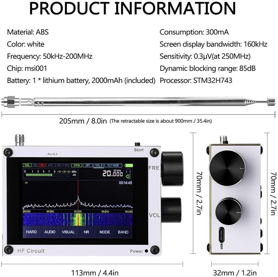1.10D 50kHz-2GHz Portable DSP-SDR Radio Receiver HAM, Touchscreen FM MW-SSB-CW-HAM Shortwave Receiver, 3.5-inch IPS capacitive screen