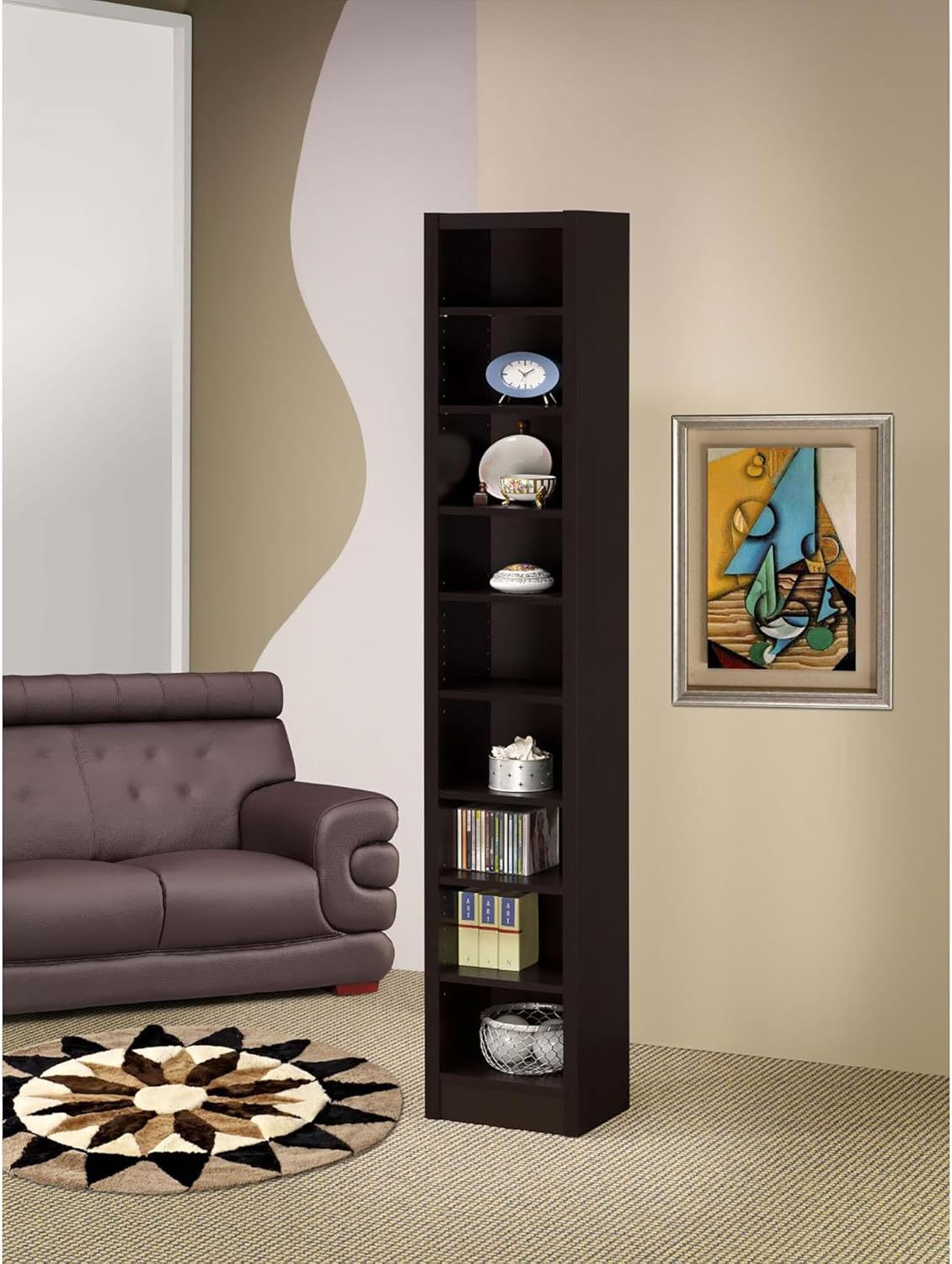Benicabaly Elegant Cappuccino Rectangular Bookcase with 9 Shelves, Tall and Slim Design for Small Spaces