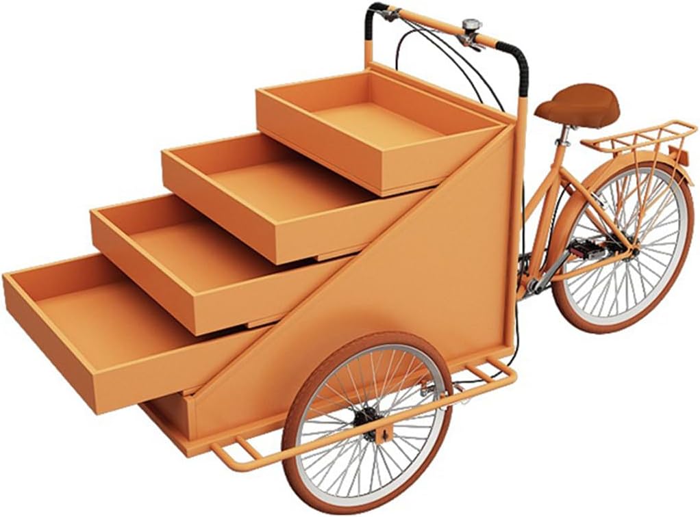 Mobile Tricycle Vending Cart - Food Kiosk Ice Cream Wagon, Snack & Drink Stand, Coffee Trailer, Portable Orange Trike Trailer for Outdoor Events & Festivals