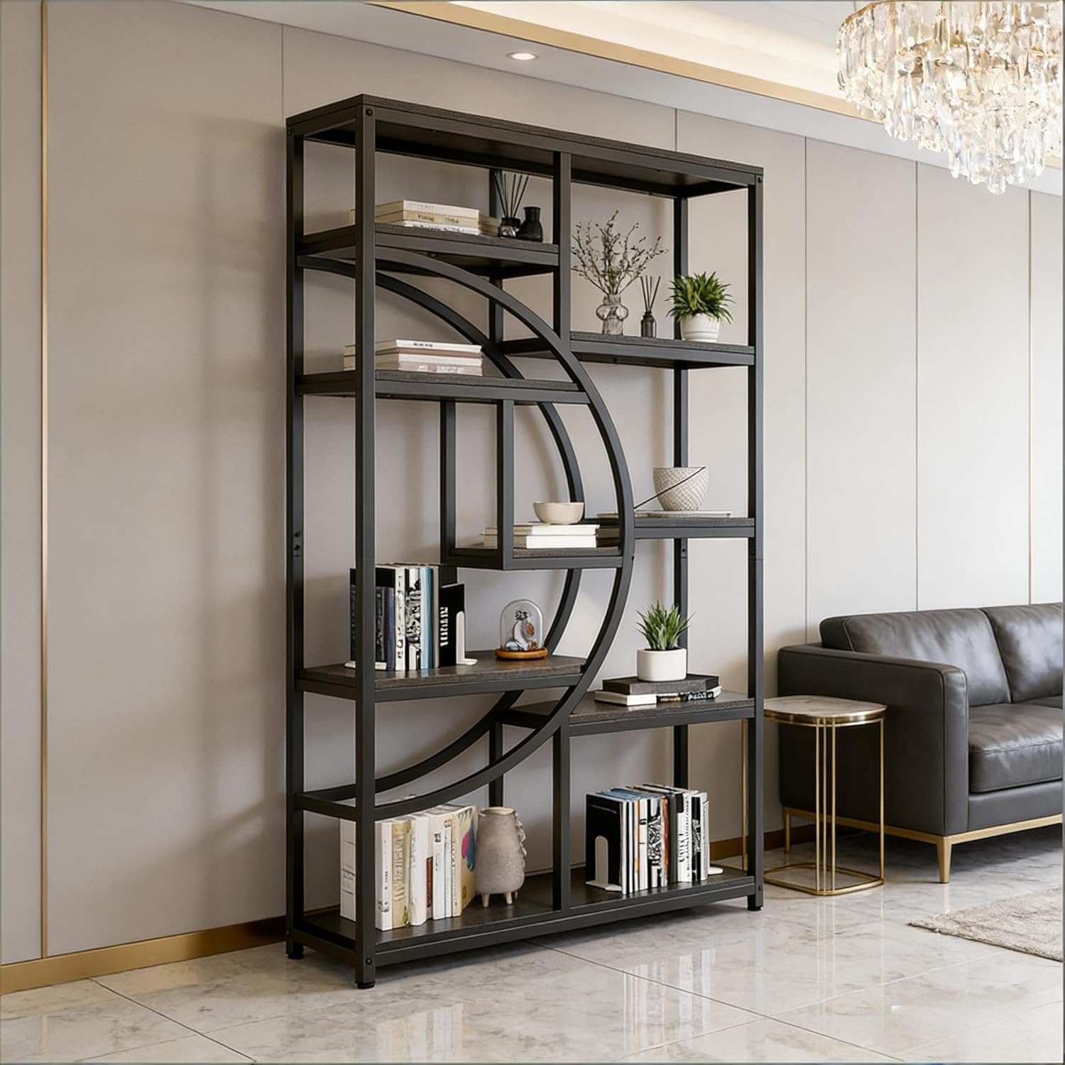 Geometric Freestanding Bookshelf with 9 Open Shelves.Versatile Display Shelves,Bookcase.Modern Industrial Design for Home Office, Living Room & Bedroom.Scratch-Resistant Finish (Black+ Gray)