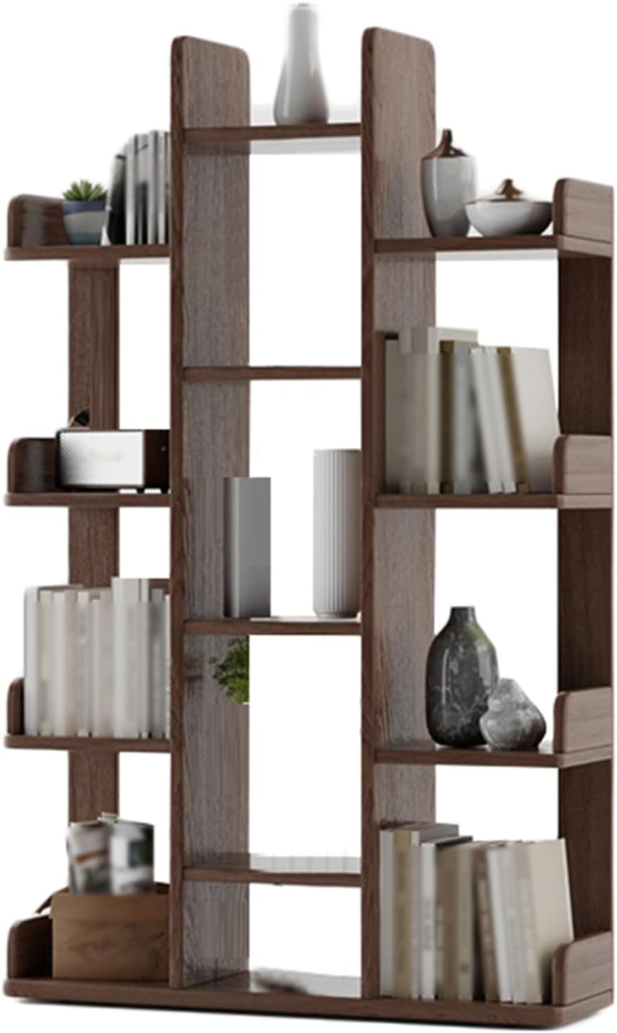 ZFUCMAYL 3/4 Tier Tree Bookshelf,Space Saving Wooden Bookcase,Floor Standing Tree Storage Display Shelf,Book Tree Shelves for Living Room Bedroom Office(Walnut Color,4 Tier)