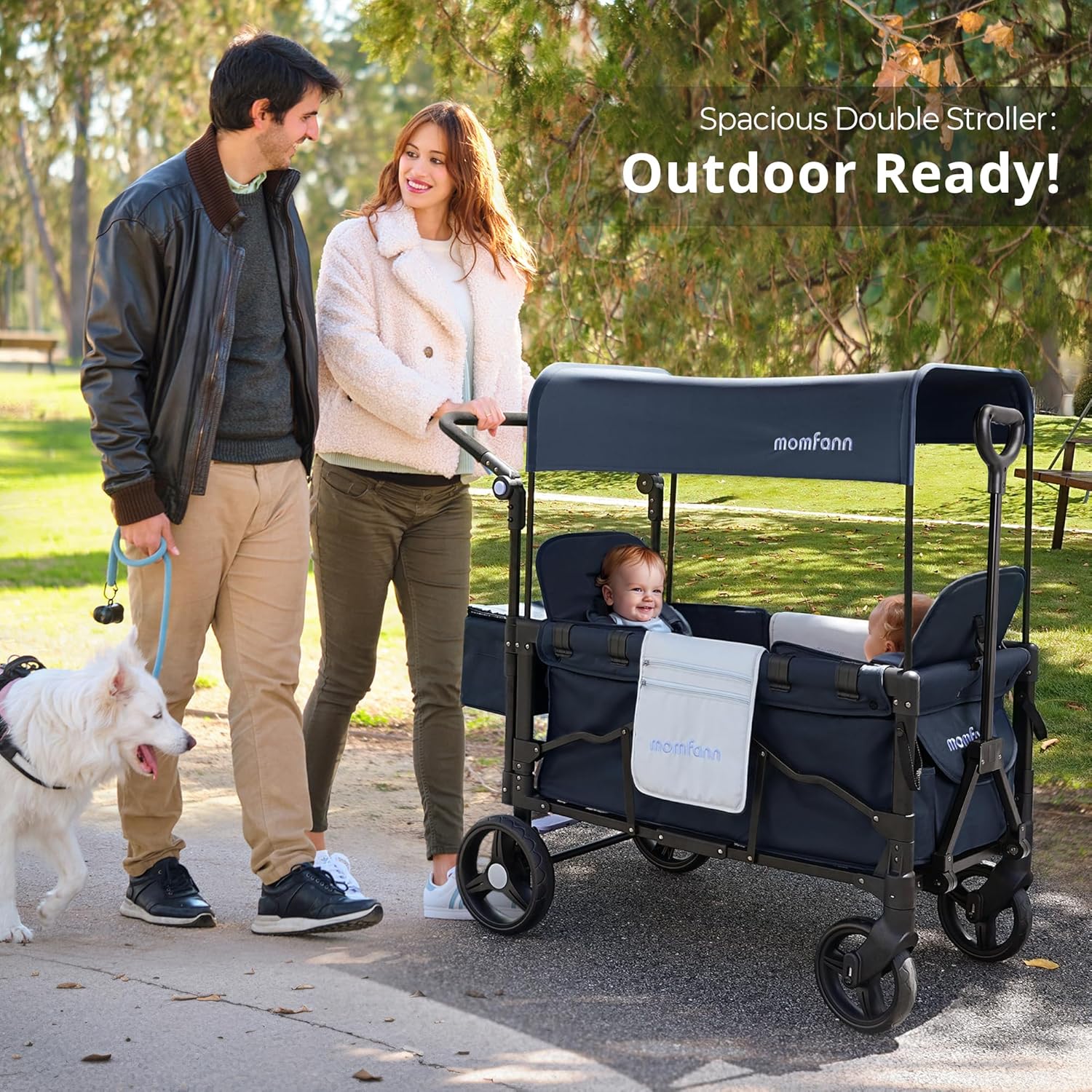 Stroller Wagon for 2 Kids, Baby Wagon Stroller with Adjustable Handle for Infants and Toddlers Includes Canopy & Organizer, Foldable and Convenient for Storage, Blue