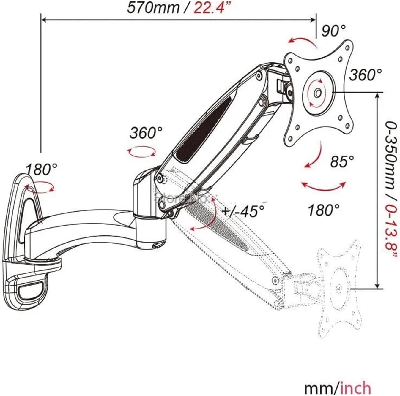 Aluminum gas spring 360 degree full motion 15