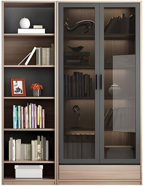 KWOKING Modern Wooden Bookcase Glass Doors Closed Storage Bookshelf Bookcase Bookshelf with Glass Door Locker Shelf Free Combination Floor Display Cabinet Shelf Natural 47