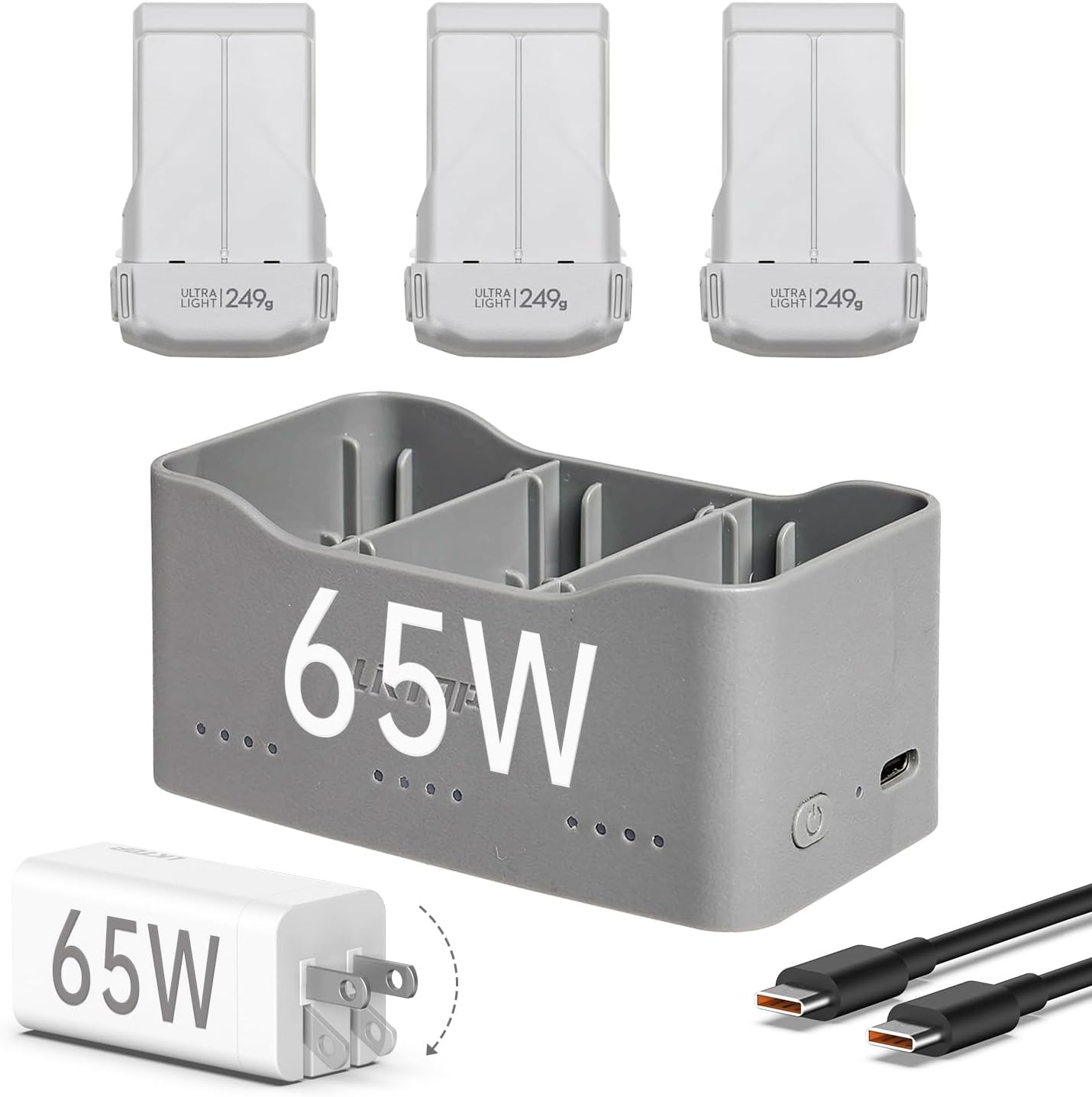 LKTOP 65W Mini 4 Pro Battery Charging Hub Bundle, 3Pack Original Mini 4 Pro Intelligent Flight Battery+1Pcs 65W Parallel Charger+1Pcs 65W Power Adapter, Compatibility: DJI Mini4 Pro Drone Accessories