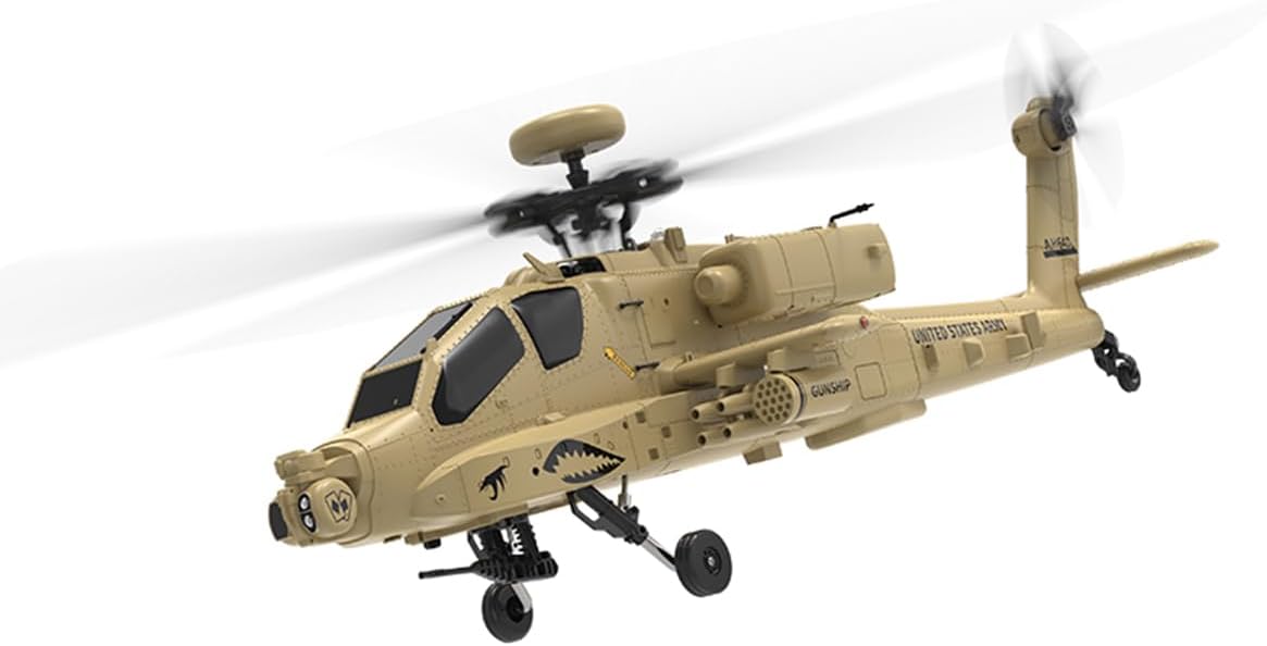 1/32 RC F11-N AH64 Helicopter, 2.4G 6CH Dual Rotor Military Aircraft, 6G/3D Flight with Optical Flow Altitude Hold, Desert Yellow Apachhe Helicopter