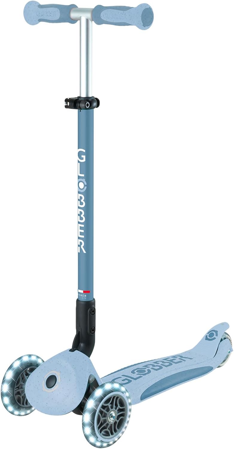 Globber - GO•UP Deluxe Lights ECO 360-3-Wheel Scooter with 360° Rotatable Seat, Footrest, LED and Durable Materials, 15 Months to 6 Years - Blueberry