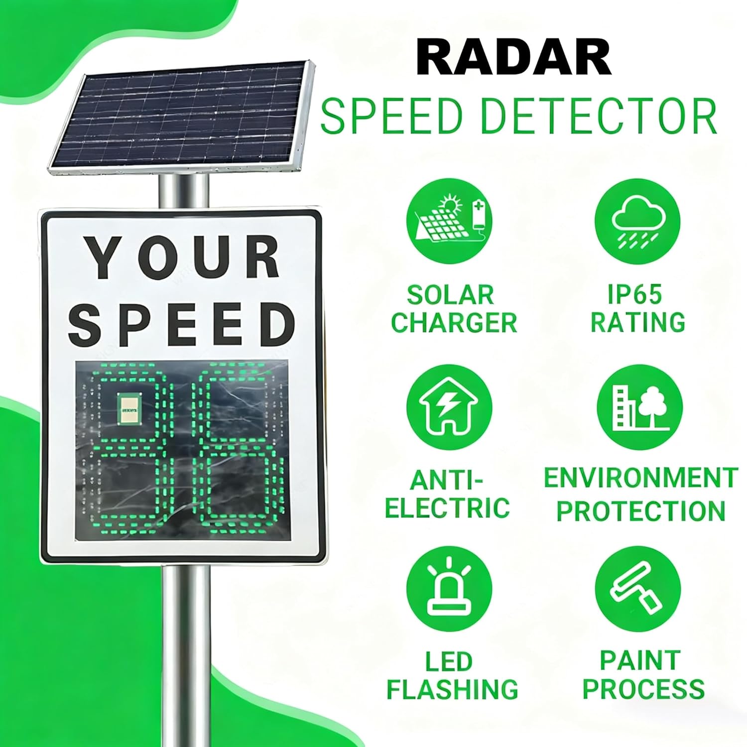 Solar-Powered Radar Speed Limit Sign - LED Speed Display, 19.6