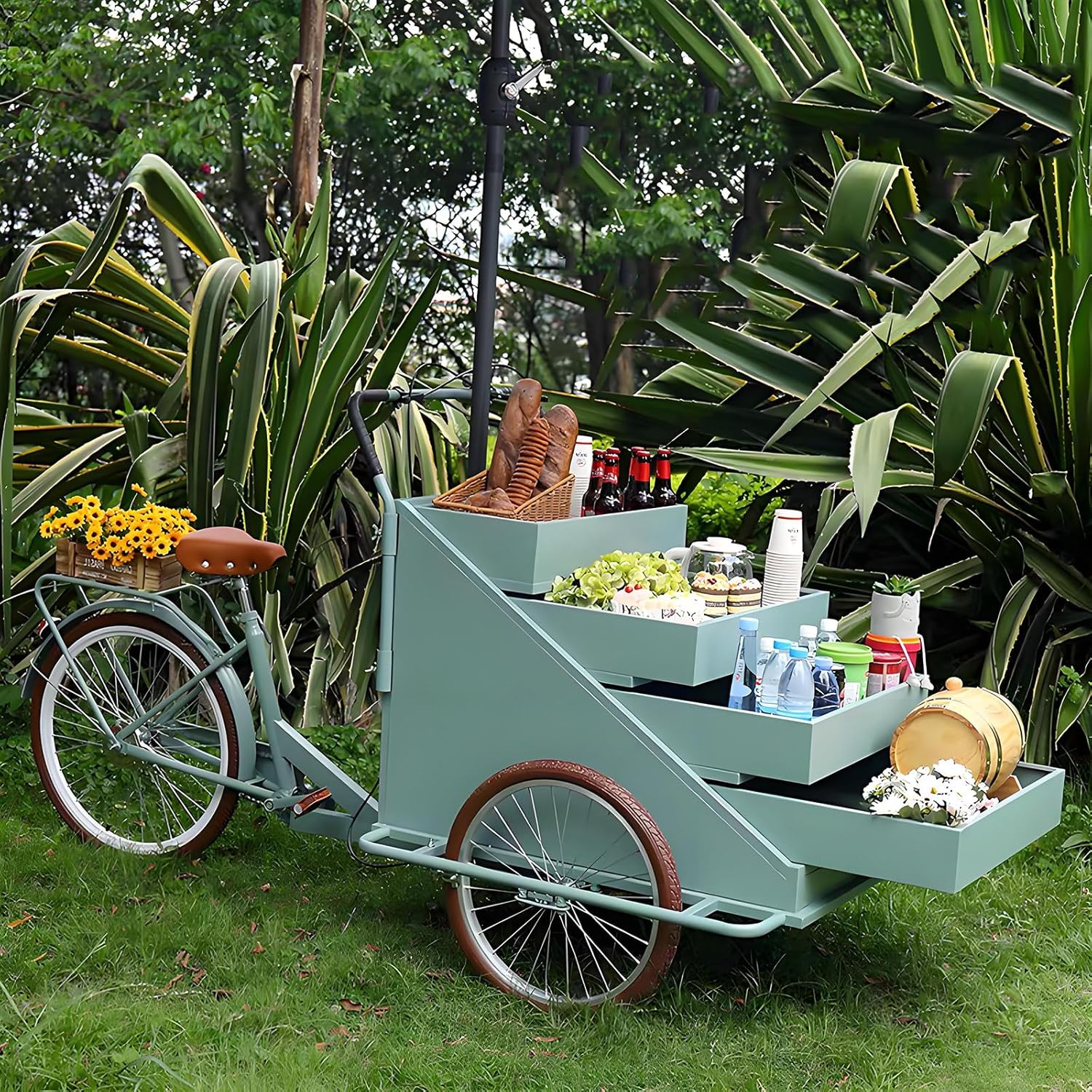 Commercial Mobile Food Tricycle,Tricyle Vending Cart Wagon, Snack Vending Kiosk with 4-Layer Display Rack,Carts Cargo Bike Tricycle Truck 3 Wheel Cargo Bike Green