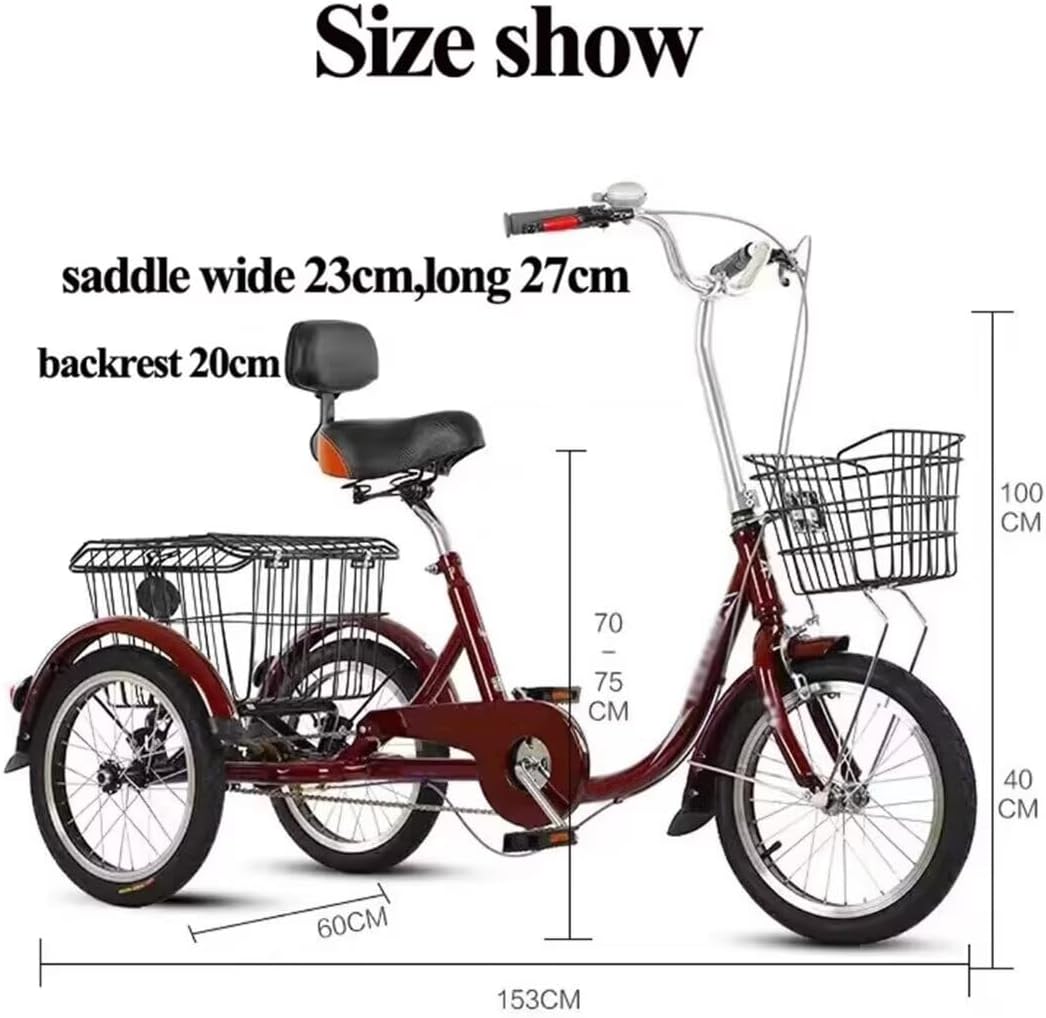 Elderly Tricycle with Shopping Basket,Adult Rickshaw Pedal Tricycle,Leisure Vehicle,16inch Cargo Trike with Rear Steel Basket,Scooter Bike (Wine Red 16 in)