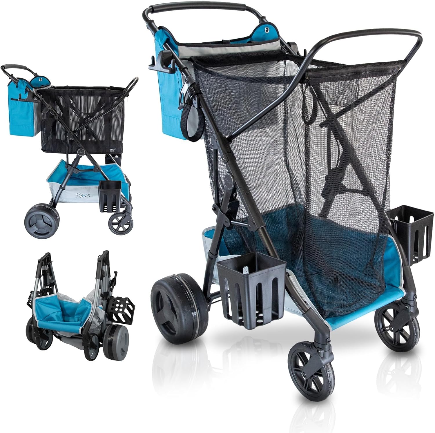Strolee Large Wheeled Collapsible Beach Cart for Soft Sand, Shopping, Camping & Garden- Lightweight Aluminum Frame- Removable Storage Bag with Carrying Straps, X-L Capacity & Cooler Rack (Blue)