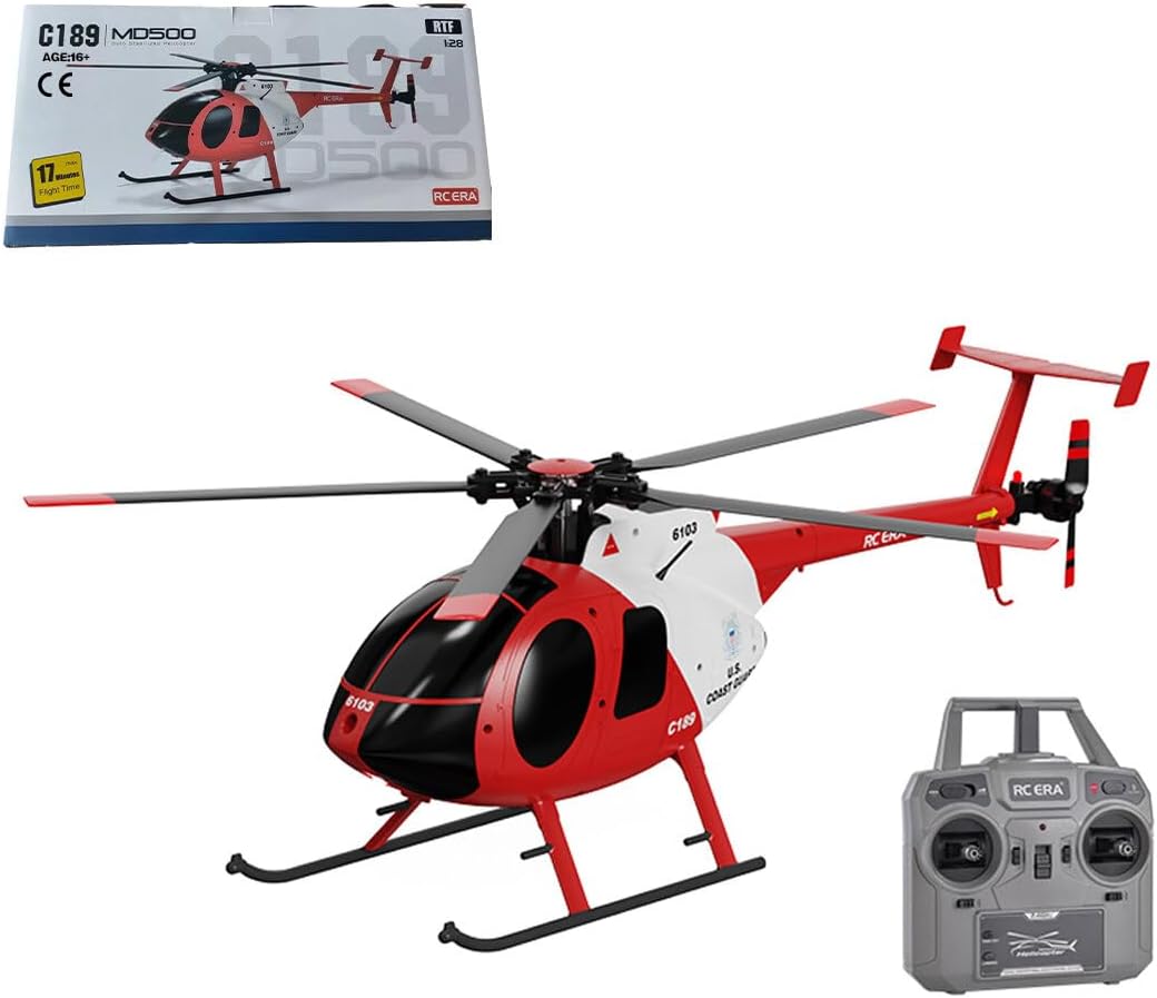 C189 MD500 Little Bird RC Helicopter for Adults - 1/28 Scale 6CH Remote Control Helicopter with Brushless Motor, 6-Axis Gyro & Optical Flow, One-Key Takeoff/Landing - Red,2 Battery