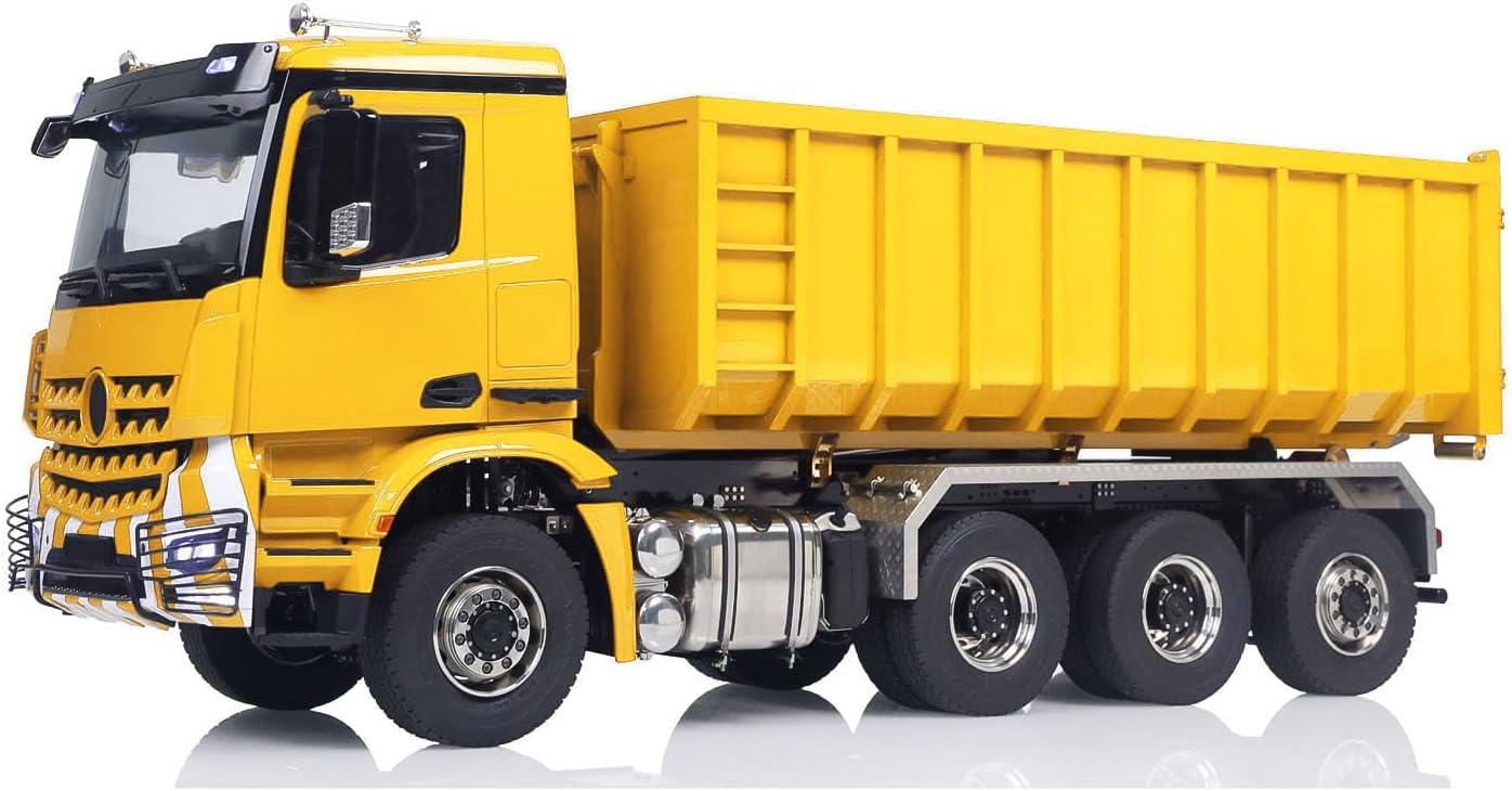 1/14 RC Hydraulic Dumper Truck 8X8 Roll On Off Full Dumper Car Rear Axle Steering Light Sound I6S Radio Controller(Yellow)