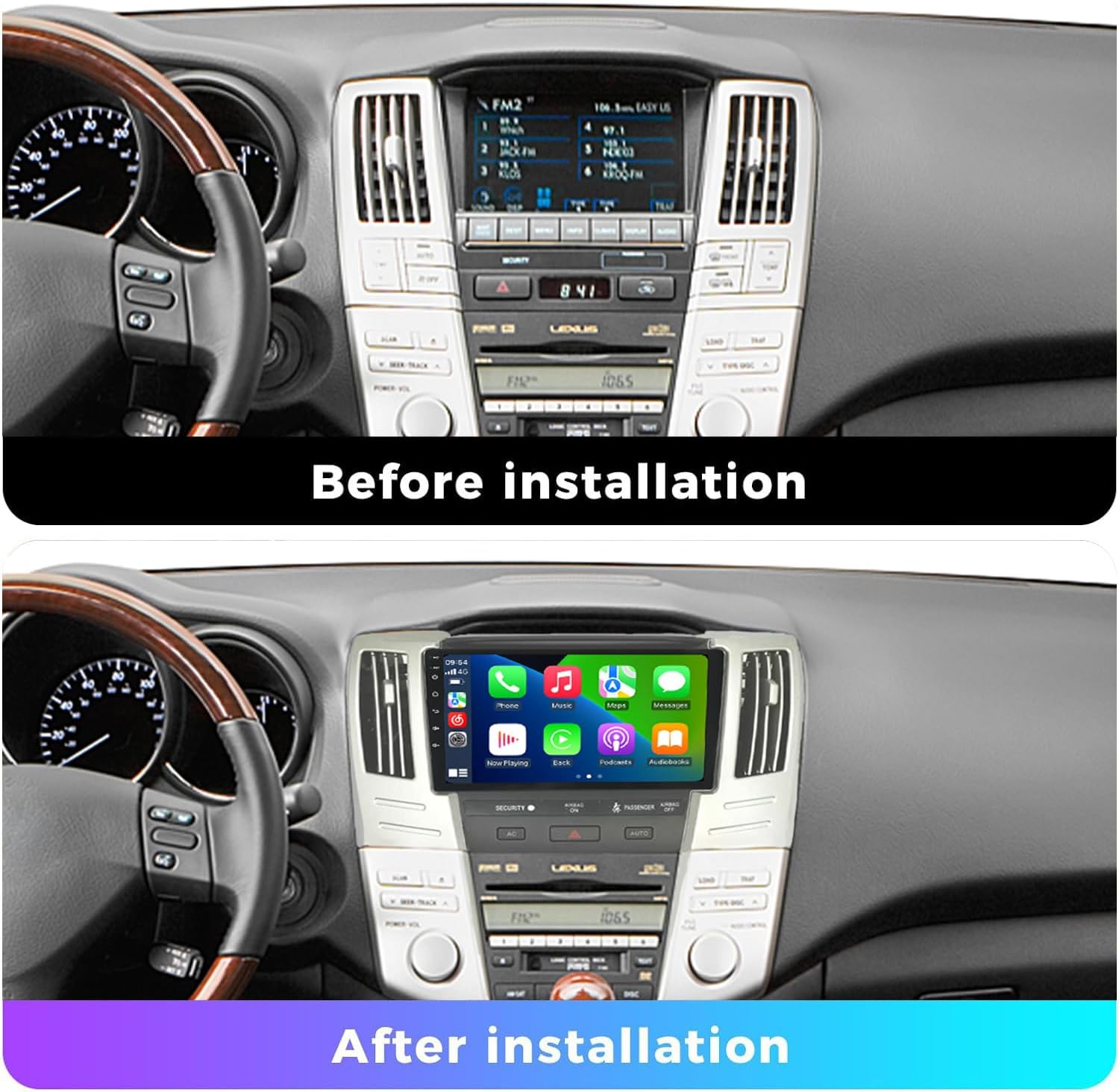 FELLOSTAR Car Radio for Lexus RX300 RX330 RX350 RX400 RX450 2004-2009 Stereo Upgrade with Carplay & Android Auto 8-Core 2G RAM + 32G ROM 9-Inches QLED Touch Screen Head Unit(Retain Factory CD)