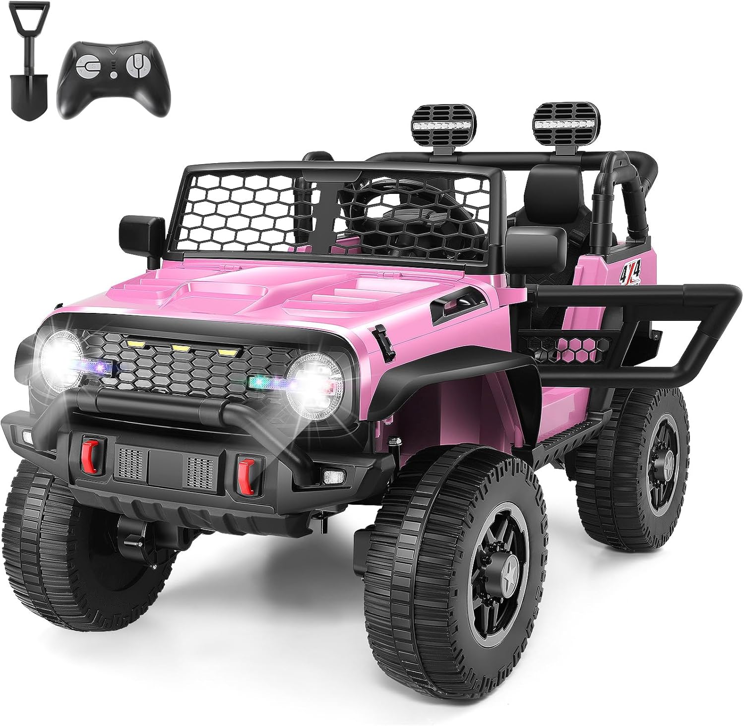 Hikole 24V Kids Ride on Car with Remote Control, 4×100W, Ride on Toys, 2 Kids Side by Side, Electric Truck w/2 Hooks, Safety Belt, Steering Wheel, Real Driving Experience, Shovel, Music, Pink