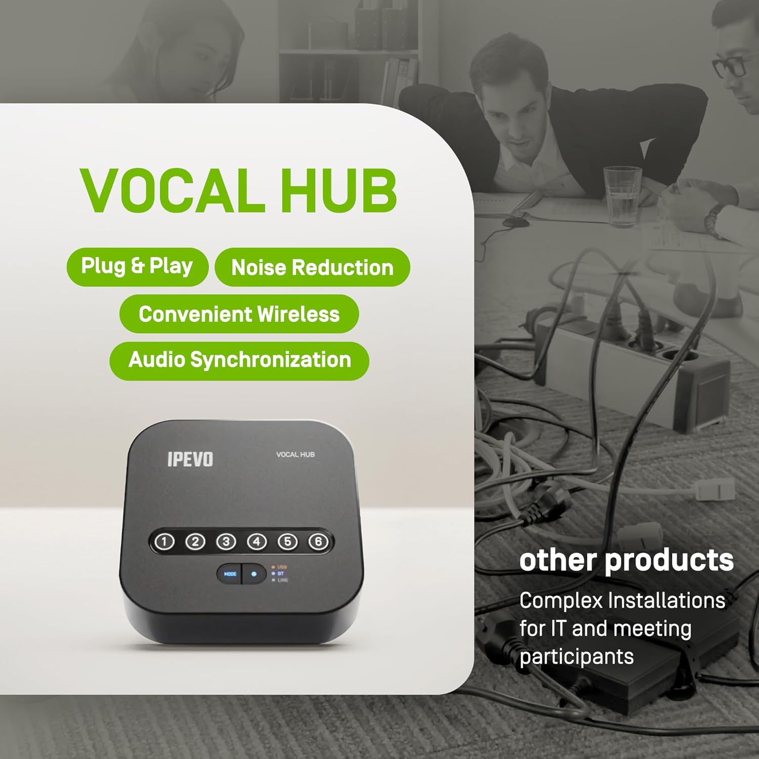 IPEVO Vocal HUB Wireless Pair up to 6 Conference Speakers/Microphones Vocal, 360°Voice Pickup, Two-WayAI Noise Reduction, Audio Synchronization, USB or Bluetooth or Line in/Out Connected Modes