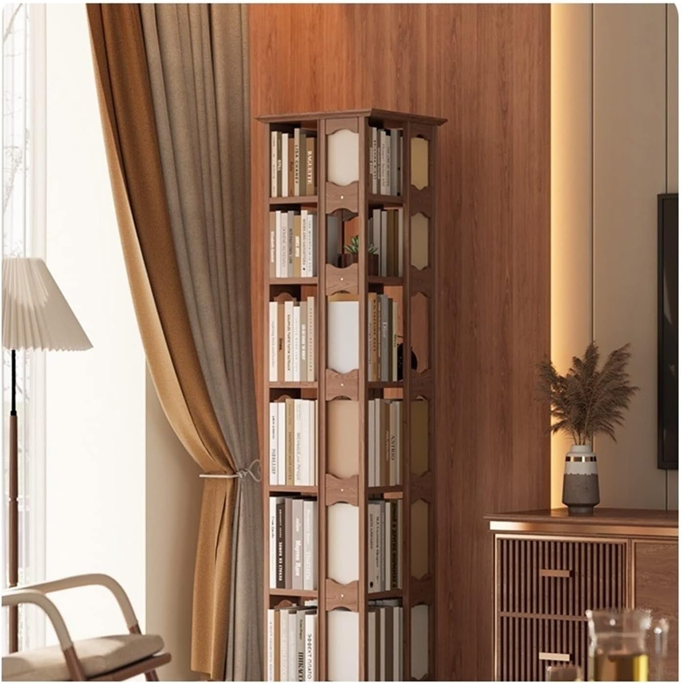 All Solid Wood Rotating Bookshelf, 360-degree Bookcase Floor Creative Storage Shelf for Home Living Room MINGPING (Size : 44x44x170cm Walnut Color)