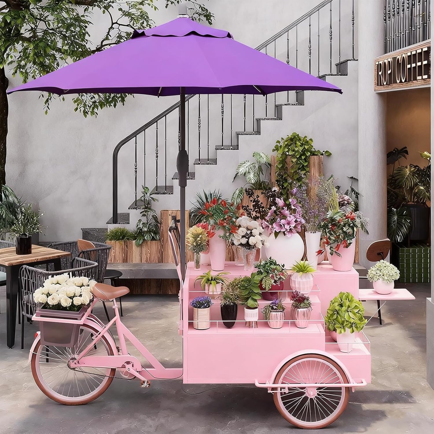 Mobile Tricycle for Vending, 3 Wheel Drinks and Snacks Bike, Large Capacity Pedal Bicycle Cart with Umbrella for Food Sales Interior Decoration,C